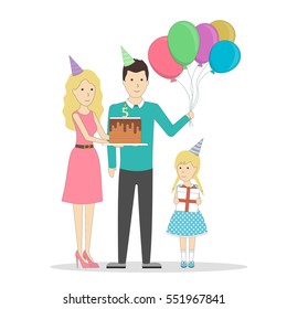 Isolated birthday family in the room with balloons. Happy parents giving a birthday cake to the girl. Balloons with present and holiday hats.