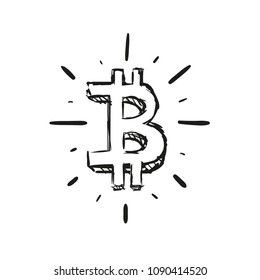 Isolated Bitcoin. Physical bit coin. Digital currency. Cryptocurrency. Hand draw bitcoin vector illustration.