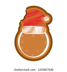Isolated bitten christmas ball gingerbread with a christmas hat. Vector illustration design
