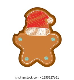 Isolated bitten christmas star gingerbread with a christmas hat. Vector illustration design