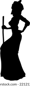 Isolated blacck silhouette of a female witch wearing halloween party costume and riding a broom 
