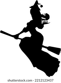 Isolated blacck silhouette of a female witch wearing halloween party costume and riding a broom 