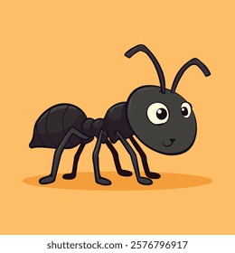 Isolated black ant vector character featuring a cute, happy cartoon style, perfect for fairy tale, wildlife, and nature-themed projects.