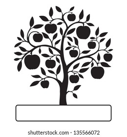 Isolated black apple tree on white background with a text frame. Vector illustration.