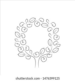 Isolated black apple tree on white background with a text frame. Vector illustration.