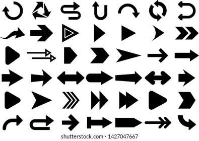 Isolated black arrow vector icons set. Arrows icon collection for web, mobile app. Arrow vector download icon set. Arrows vector curve flat collection. Application digital button illustration 
