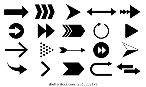 Isolated black Arrows icons set. Arrow icon symbol. Minimal graphic elements collection. Arrow. Cursor. Modern simple arrows. Vector illustration. Editable stock foe Web and Banner