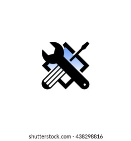 Isolated black and blue color technical tools vector logo. Mechanical equipment logotype. Round shape illustration. Adjustable wrench and screwdriver image.