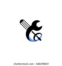 Isolated black and blue color technical tools vector logo. Mechanical equipment logotype. Round shape illustration. Adjustable wrench and screwdriver image.