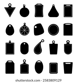 Isolated black boards silhouettes. Cutting board for food, kitchen tools silhouettes. Different shapes shields, stands for hot dishes. Menu stickers, nowaday vector set