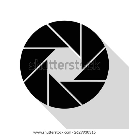 Isolated black camera aperture icon illustrates photography or videography settings, lens diaphragm symbol and technology on a white backdrop with gray drop shadow.