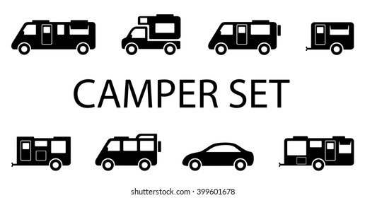 isolated black camper van icons on white background