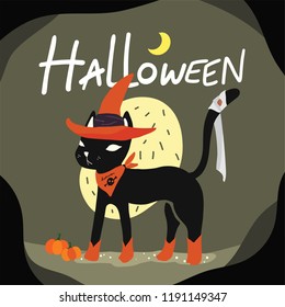 An isolated black cat character wearing witch’s costume and little pumpkins with hand written word “Halloween “