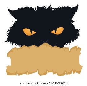 Isolated black cat with fierce look, holding a ragged scroll with its mouth over white background.