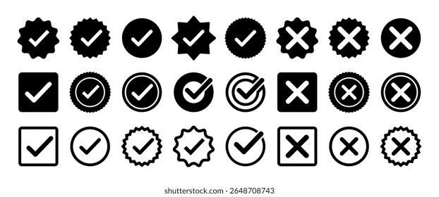 Isolierte schwarze Häkchen Symbol-Set, Ja, Nein Tasten Symbol-Design, Kontrollkästchen, Banner und Web-Grafik-Elemente Illustration, Bearbeitbar