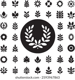 Isolated black circular laurel foliate icon Vector, black circular laurel foliate Silhouette,black circular laurel foliate icon set