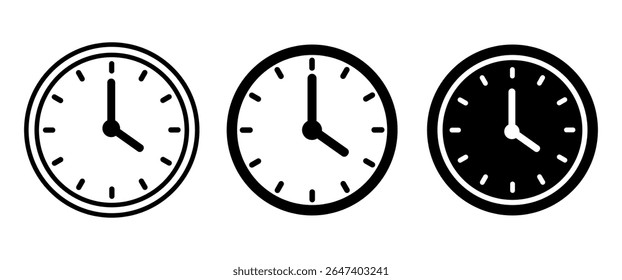 Isolated Black Clock icon symbol collection, Outline Watch in Modern Minimal style, Timer, Date and Schedual analog graphic elements, Business pictogram.