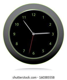 Isolated black clock on wall with green numbers and silver pointer. Abstract clock vector illustration.