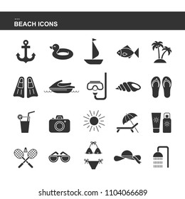 Isolated black collection icon of cocktail, badminton, flippers, hat, jet ski, sunglasses, shell, sailboat, anchor, ring rubber, palm, sunscreen, swimsuit photo camera. Set of silhouette beach icon.