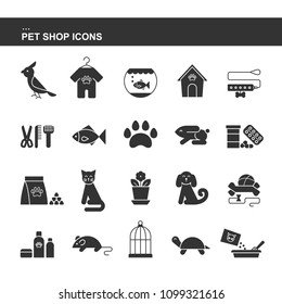 Isolated Black Collection Icons Of Dog, Cat, Parrot, Fish, Aquarium, Animal Food, Collar, Turtle, Kennel, Grooming Accessories, Cage, Mouse Flower Pot Rabbit Lizard. Set Silhouette Of Pet Shop Icon.