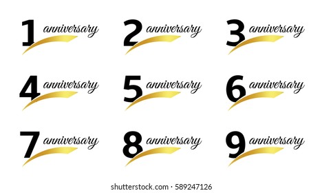 Isolated black color numbers with word anniversary icons set, greeting card elements collection vector illustrations