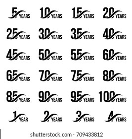 Isolated black color numbers with word years icons collection on white background, birthday anniversary greeting card elements set vector illustration