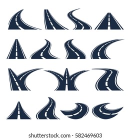 Isolated black color road or highway with dividing markings on white background vector illustrations set