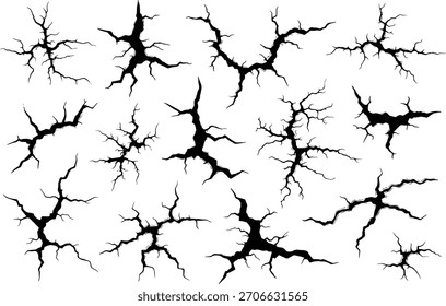 Patrones aislados de grietas negras sobre fondo blanco, perfecto para temas de diseño, grunge o daño.