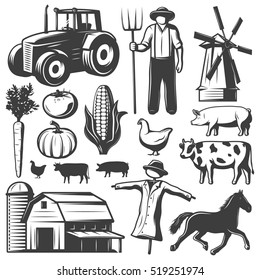 Isolated black decorative icons set on white background with farm essentials animals farmer and vehicle symbols vector illustration