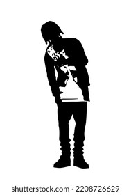 Isolated black detailed silhouette of a male rapper. Hip hop star posing or stage.