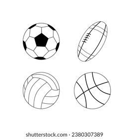Isolated black doodle balls Basketball, Football, American Football, volleyball. Outline vector Icon. Back to school Design element for banner, sticker, cover, postcard, icon, poster, web
