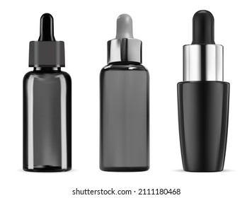 Isolierte schwarze Tropferflasche. Kosmetische Flasche mit Öl vermasselt. Luxus Glas-Serumflasche mit Pipette. Augentropfen für Aromaessenz. Realistische Kollagen-Augenlider-Durchstechflasche