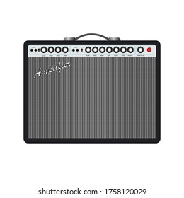 Isolated black electric guitar amplifier, cabinet equipment for musician flat logo or icon style, print for tee-shirt and graphic design, Musical instrument sales business. vector and illustration.