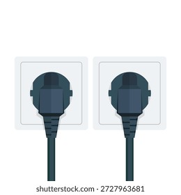 An isolated black electric power plug and wall outlet socket with a cable cord connection on a white background for home electrical technology