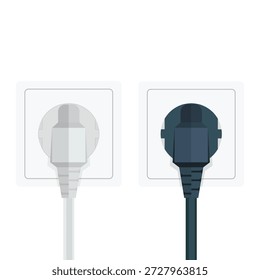 An isolated black electric power plug and wall outlet socket with a cable cord connection on a white background for home electrical technology