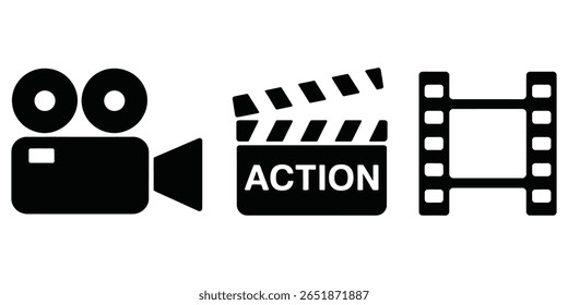 Isolated black film icon set features old movie camera, clapboard with the word ACTION, and filmstrip on a white background.