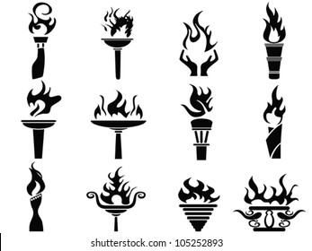 isolated black fire flame torch icons set from white background