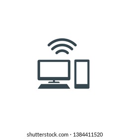 Isolated black flat computer and phone with wi-fi signal symbol. Wifi waves icon above the mobile and pc images