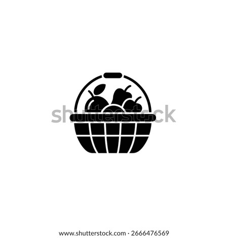 An isolated black glyph illustration shows a basket containing three fruits one apple with a leaf, and two pears, which can be used for various design needs.