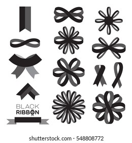 Isolated black and gray ribbons set on white background easily used as label, badge or tag for the suitable occasions.