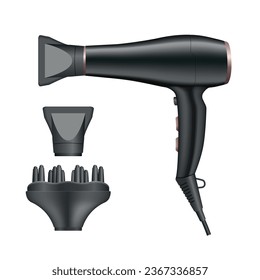 Isolated black hair dryer. Realistic 3d art of hairdresser tools. Fashion salon equipment. Hairstyler girl accessory. Vector illustration