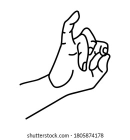 Isolated black hand line on a white background. The hand is holding something with its fingers, 