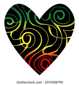 Isolated black heart with ethnic pattern in traditional rastafarian colors: red, yellow, green. Element of design, decoration.