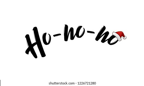 Isolated black Ho-ho-ho! text with Santa's red hat on white background.