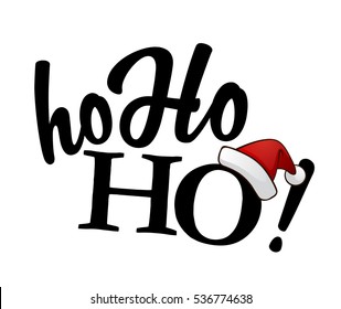 Isolated black Ho-ho-ho! text with Santa's red hat on white background.