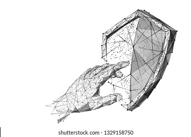 Isolated black Human hand touch on a shield on white background. Abstract Low-poly wireframe vector illustration. Personal security activation. Polygonal Protection or Safe concept or background 