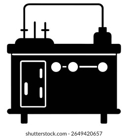 Isolated black icon depicts a machine or apparatus with connecting pipes, knobs, a door and supports, making it suitable for scientific themes against a white background.