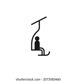 Isolated black icon of skier on chair lift on white background. Silhouette of chair lift. Logo flat design. Winter mountain sport.