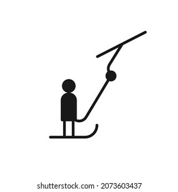 Isolated black icon of skier on ski lift on white background. Silhouette of t-bar lift. Logo flat design. Winter mountain sport.