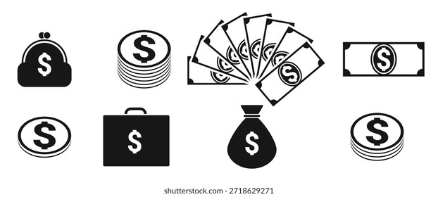 Iconos negros aislados en un tema Dinero sobre fondo blanco